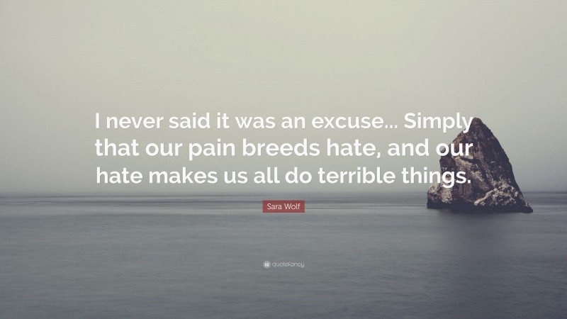 Sara Wolf Quote: “I never said it was an excuse... Simply that our pain breeds hate, and our hate makes us all do terrible things.”