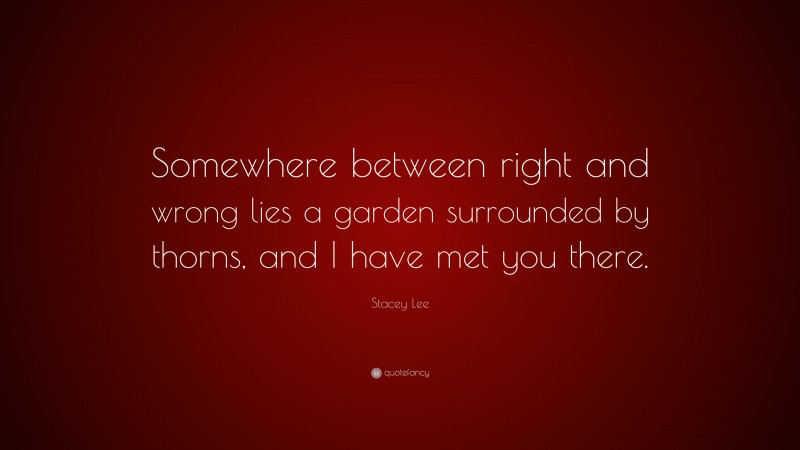 Stacey Lee Quote: “Somewhere between right and wrong lies a garden surrounded by thorns, and I have met you there.”