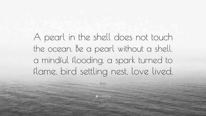 Rumi Quote: “A pearl in the shell does not touch the ocean. Be a pearl without a shell. a mindful flooding. a spark turned to flame. bird settling nest. love lived.”