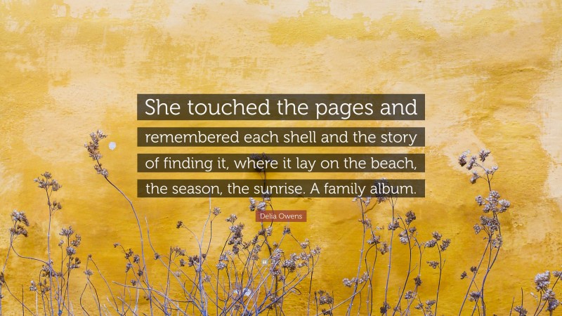 Delia Owens Quote: “She touched the pages and remembered each shell and the story of finding it, where it lay on the beach, the season, the sunrise. A family album.”