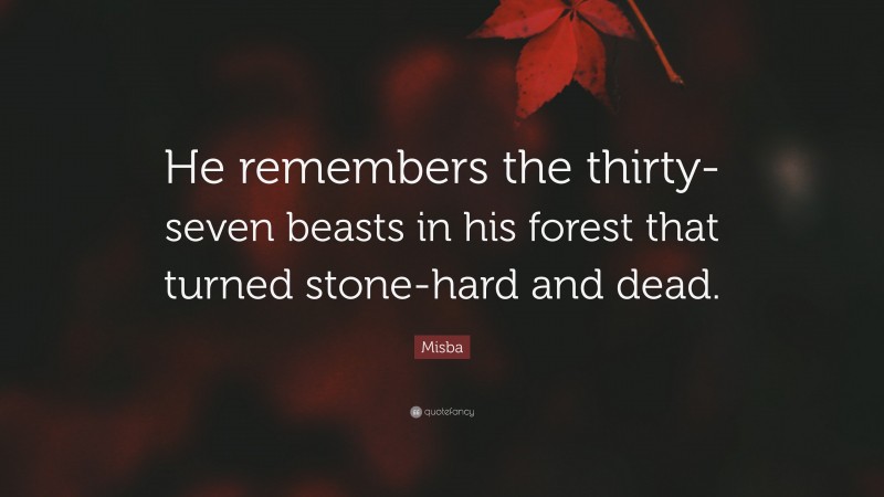 Misba Quote: “He remembers the thirty-seven beasts in his forest that turned stone-hard and dead.”