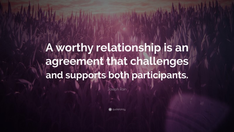 Joseph Rain Quote: “A worthy relationship is an agreement that challenges and supports both participants.”