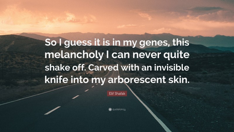 Elif Shafak Quote: “So I guess it is in my genes, this melancholy I can never quite shake off. Carved with an invisible knife into my arborescent skin.”