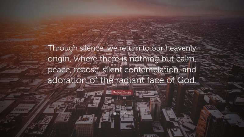 Robert Sarah Quote: “Through silence, we return to our heavenly origin, where there is nothing but calm, peace, repose, silent contemplation, and adoration of the radiant face of God.”