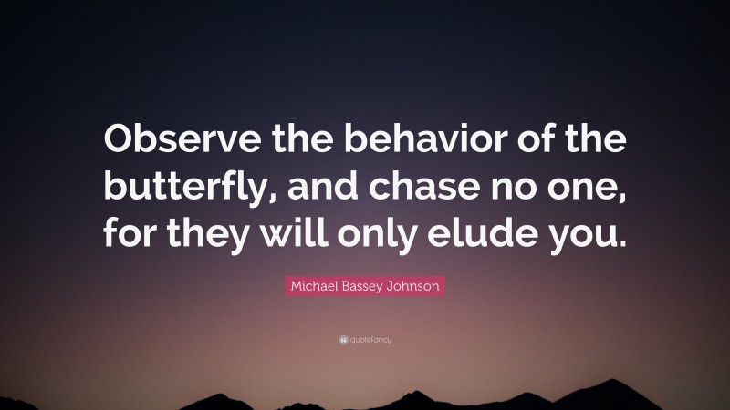 Michael Bassey Johnson Quote: “Observe the behavior of the butterfly, and chase no one, for they will only elude you.”