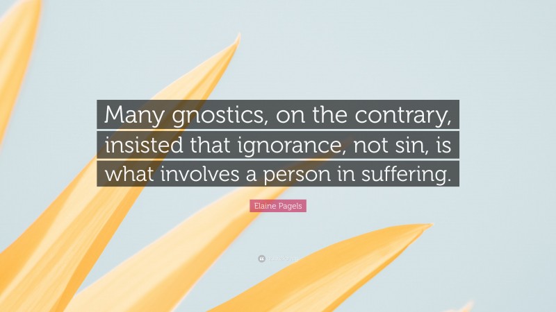 Elaine Pagels Quote: “Many gnostics, on the contrary, insisted that ignorance, not sin, is what involves a person in suffering.”