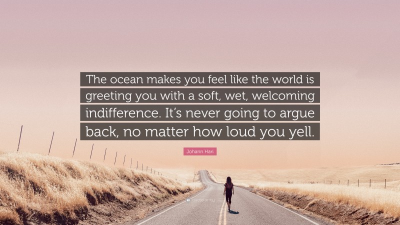 Johann Hari Quote: “The ocean makes you feel like the world is greeting you with a soft, wet, welcoming indifference. It’s never going to argue back, no matter how loud you yell.”