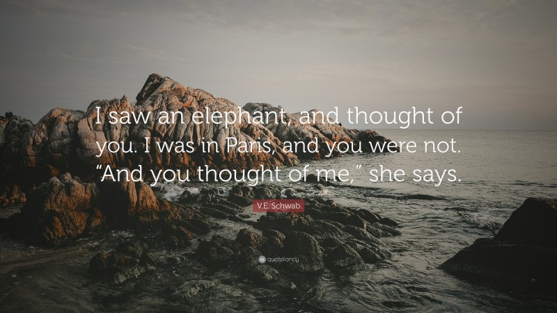 V.E. Schwab Quote: “I saw an elephant, and thought of you. I was in Paris, and you were not. “And you thought of me,” she says.”