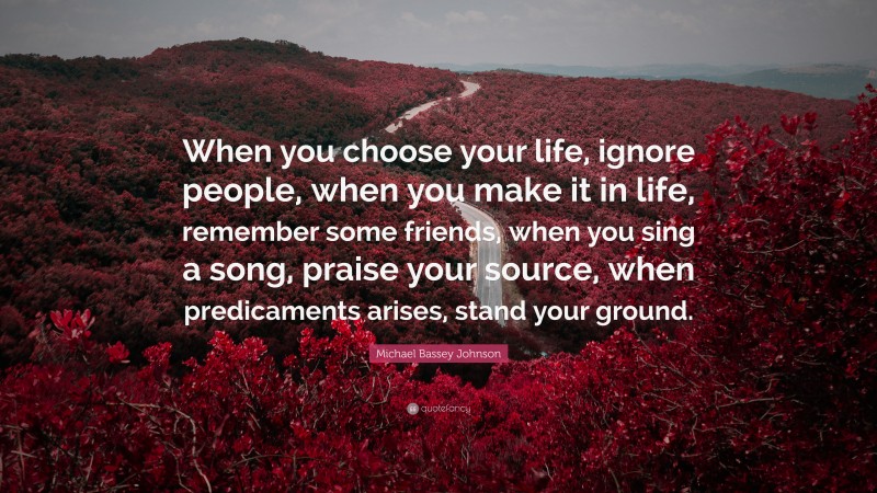 Michael Bassey Johnson Quote: “When you choose your life, ignore people, when you make it in life, remember some friends, when you sing a song, praise your source, when predicaments arises, stand your ground.”