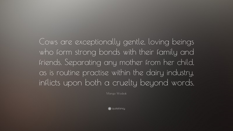 Mango Wodzak Quote: “Cows are exceptionally gentle, loving beings who form strong bonds with their family and friends. Separating any mother from her child, as is routine practise within the dairy industry, inflicts upon both a cruelty beyond words.”