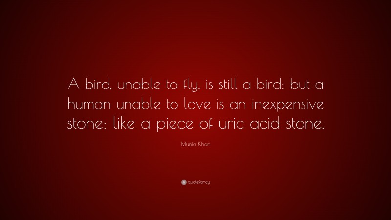 Munia Khan Quote: “A bird, unable to fly, is still a bird; but a human unable to love is an inexpensive stone: like a piece of uric acid stone.”