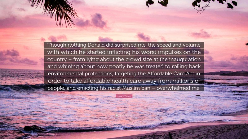 Mary L. Trump Quote: “Though nothing Donald did surprised me, the speed and volume with which he started inflicting his worst impulses on the country – from lying about the crowd size at the inauguration and whining about how poorly he was treated to rolling back environmental protections, targeting the Affordable Care Act in order to take affordable health care away from millions of people, and enacting his racist Muslim ban – overwhelmed me.”