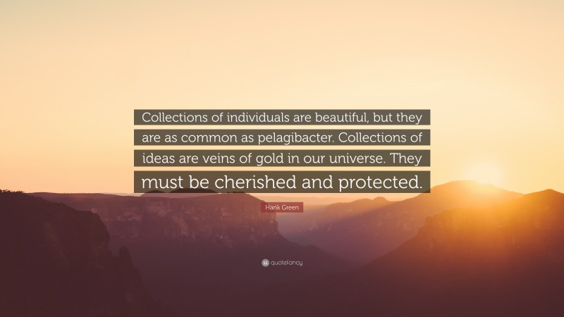Hank Green Quote: “Collections of individuals are beautiful, but they are as common as pelagibacter. Collections of ideas are veins of gold in our universe. They must be cherished and protected.”
