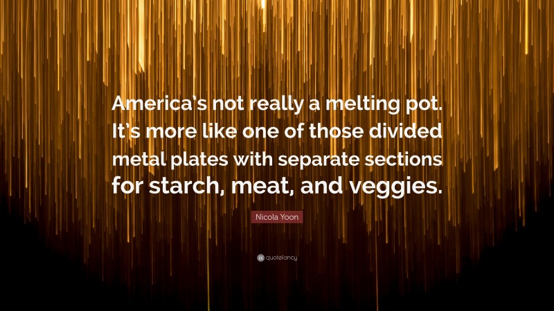 Nicola Yoon Quote: “America’s not really a melting pot. It’s more like one of those divided metal plates with separate sections for starch, meat, and veggies.”
