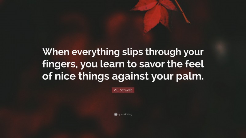 V.E. Schwab Quote: “When everything slips through your fingers, you learn to savor the feel of nice things against your palm.”