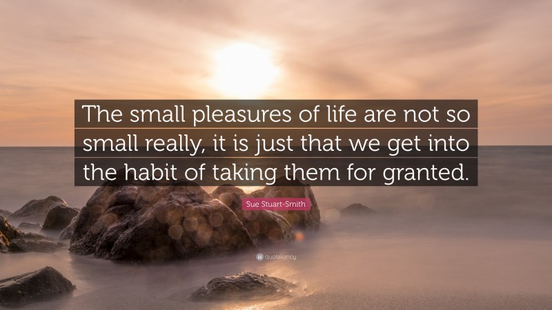 Sue Stuart-Smith Quote: “The small pleasures of life are not so small really, it is just that we get into the habit of taking them for granted.”