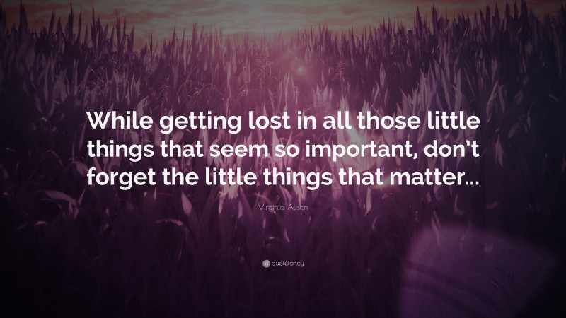 Virginia Alison Quote: “While getting lost in all those little things that seem so important, don’t forget the little things that matter...”