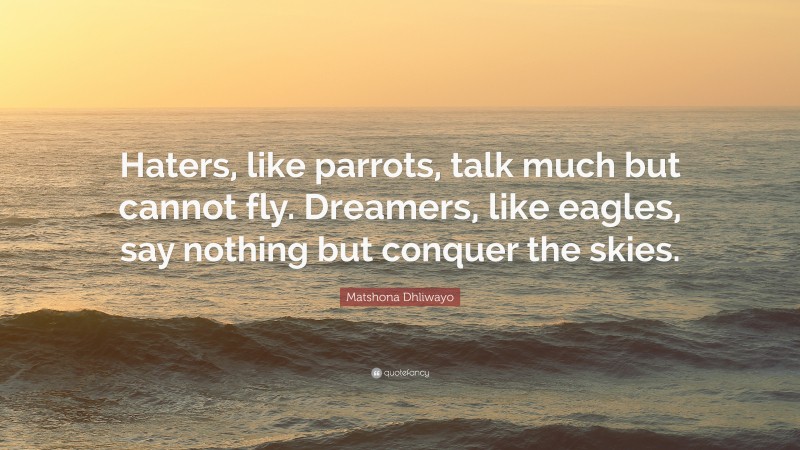 Matshona Dhliwayo Quote: “Haters, like parrots, talk much but cannot fly. Dreamers, like eagles, say nothing but conquer the skies.”