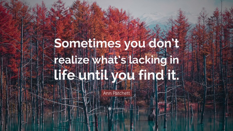 Ann Patchett Quote: “Sometimes you don’t realize what’s lacking in life until you find it.”