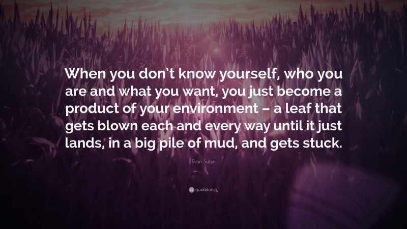 Evan Sutter Quote: “When you don’t know yourself, who you are and what you want, you just become a product of your environment – a leaf that gets blown each and every way until it just lands, in a big pile of mud, and gets stuck.”