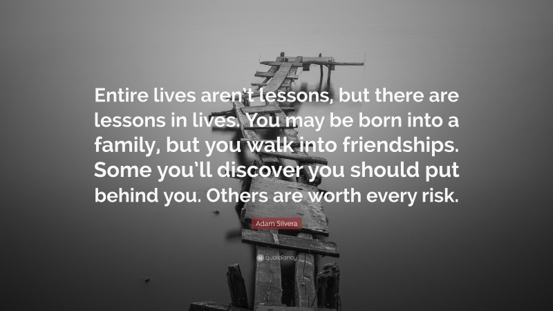 Adam Silvera Quote: “Entire lives aren’t lessons, but there are lessons in lives. You may be born into a family, but you walk into friendships. Some you’ll discover you should put behind you. Others are worth every risk.”