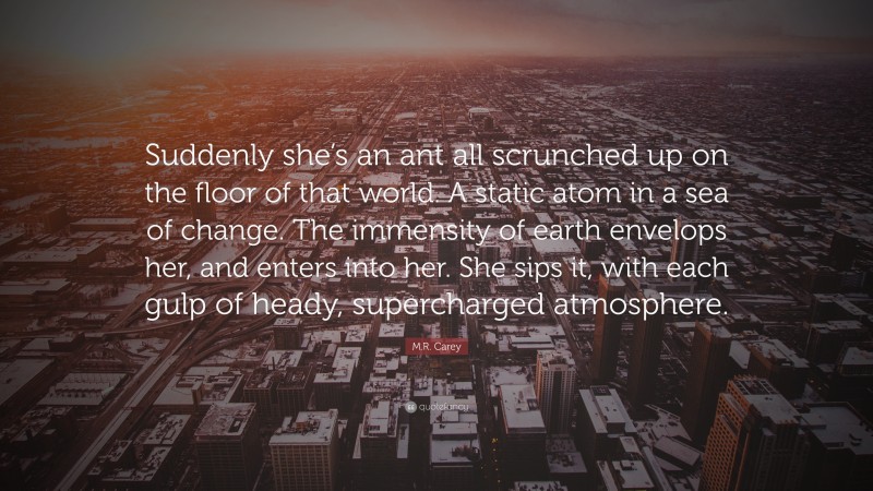 M.R. Carey Quote: “Suddenly she’s an ant all scrunched up on the floor of that world. A static atom in a sea of change. The immensity of earth envelops her, and enters into her. She sips it, with each gulp of heady, supercharged atmosphere.”