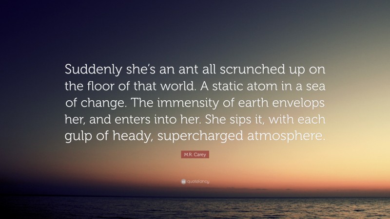 M.R. Carey Quote: “Suddenly she’s an ant all scrunched up on the floor of that world. A static atom in a sea of change. The immensity of earth envelops her, and enters into her. She sips it, with each gulp of heady, supercharged atmosphere.”