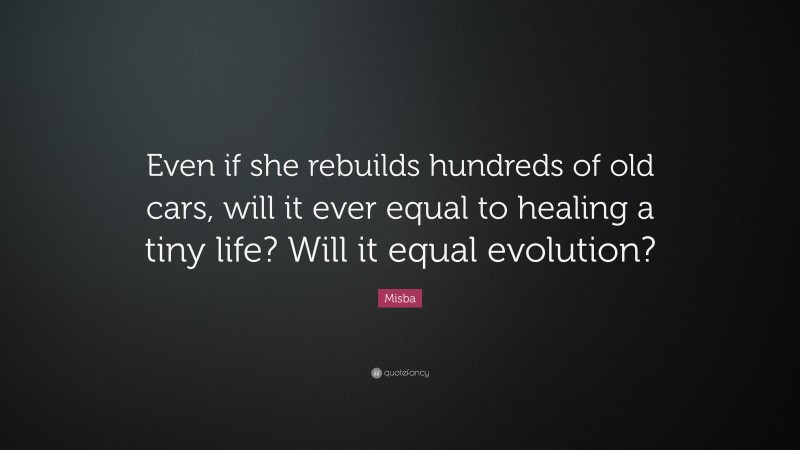Misba Quote: “Even if she rebuilds hundreds of old cars, will it ever equal to healing a tiny life? Will it equal evolution?”