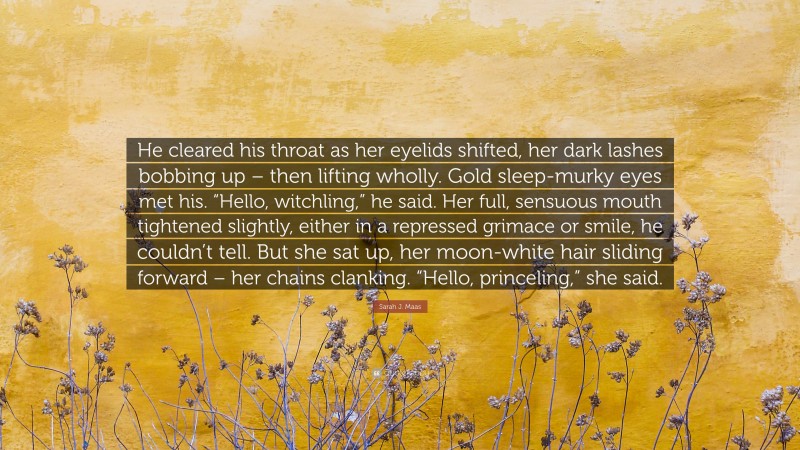 Sarah J. Maas Quote: “He cleared his throat as her eyelids shifted, her dark lashes bobbing up – then lifting wholly. Gold sleep-murky eyes met his. “Hello, witchling,” he said. Her full, sensuous mouth tightened slightly, either in a repressed grimace or smile, he couldn’t tell. But she sat up, her moon-white hair sliding forward – her chains clanking. “Hello, princeling,” she said.”