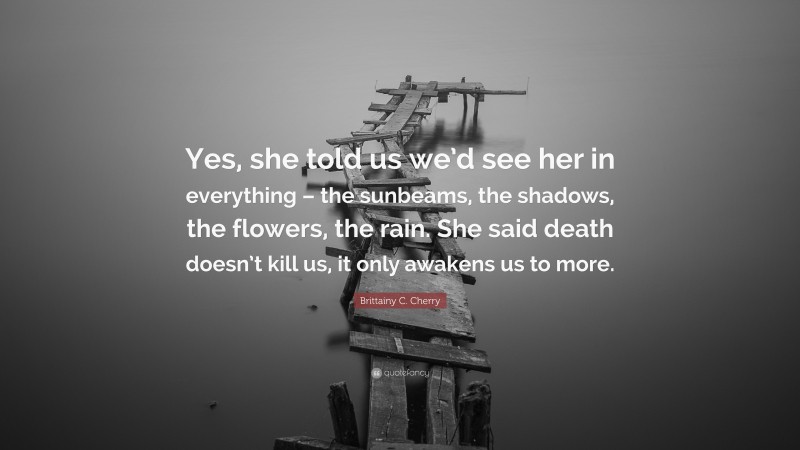 Brittainy C. Cherry Quote: “Yes, she told us we’d see her in everything – the sunbeams, the shadows, the flowers, the rain. She said death doesn’t kill us, it only awakens us to more.”