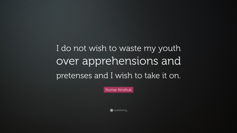 Kumar Kinshuk Quote: “I do not wish to waste my youth over apprehensions and pretenses and I wish to take it on.”