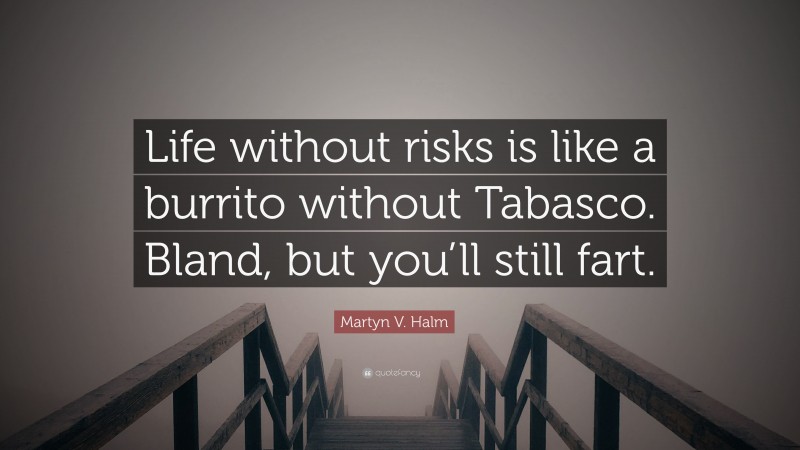 Martyn V. Halm Quote: “Life without risks is like a burrito without Tabasco. Bland, but you’ll still fart.”