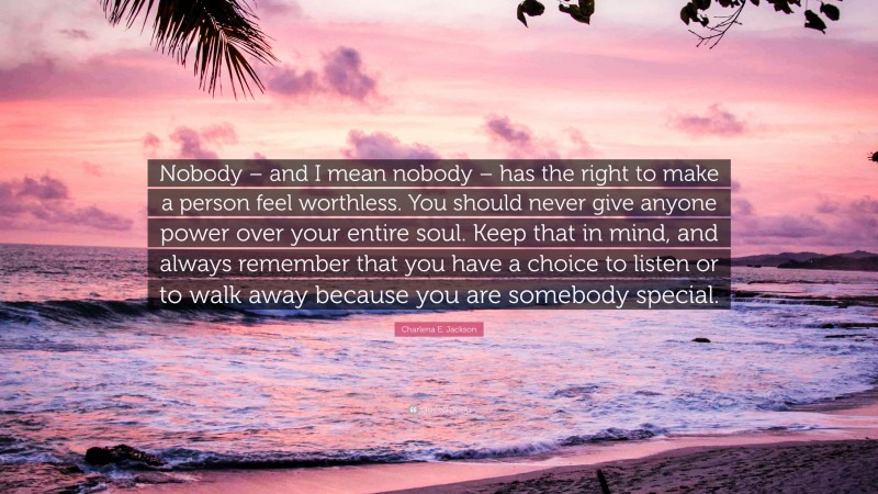 Charlena E. Jackson Quote: “Nobody – and I mean nobody – has the right to make a person feel worthless. You should never give anyone power over your entire soul. Keep that in mind, and always remember that you have a choice to listen or to walk away because you are somebody special.”