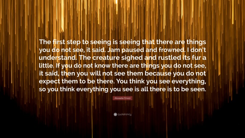 Akwaeke Emezi Quote: “The first step to seeing is seeing that there are things you do not see, it said. Jam paused and frowned. I don’t understand. The creature sighed and rustled its fur a little. If you do not know there are things you do not see, it said, then you will not see them because you do not expect them to be there. You think you see everything, so you think everything you see is all there is to be seen.”