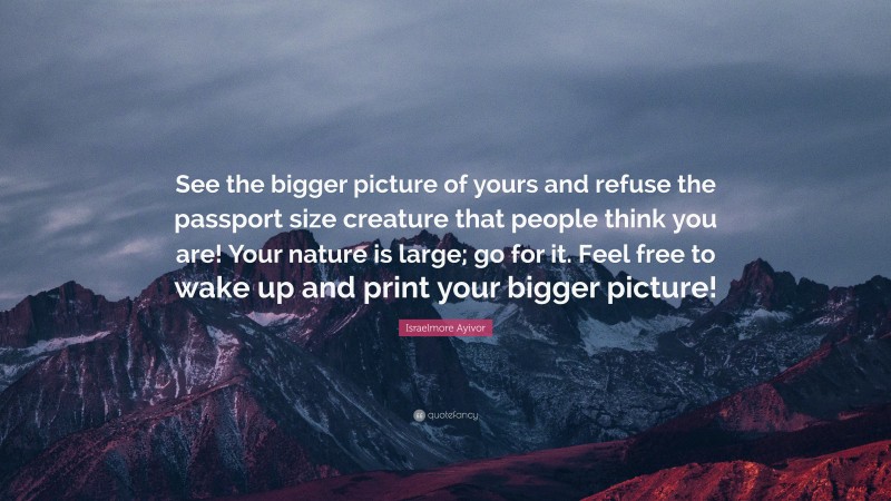 Israelmore Ayivor Quote: “See the bigger picture of yours and refuse the passport size creature that people think you are! Your nature is large; go for it. Feel free to wake up and print your bigger picture!”