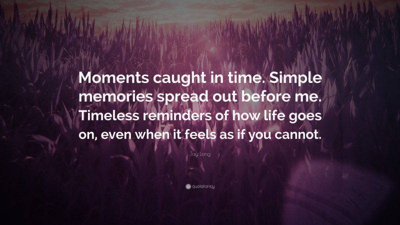 Jay Long Quote: “Moments caught in time. Simple memories spread out before me. Timeless reminders of how life goes on, even when it feels as if you cannot.”