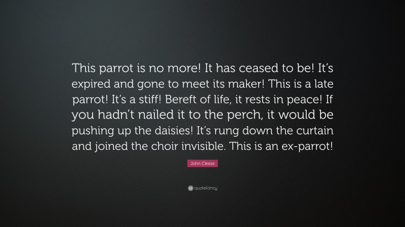 John Cleese Quote: “This parrot is no more! It has ceased to be! It’s expired and gone to meet its maker! This is a late parrot! It’s a stiff! Bereft of life, it rests in peace! If you hadn’t nailed it to the perch, it would be pushing up the daisies! It’s rung down the curtain and joined the choir invisible. This is an ex-parrot!”