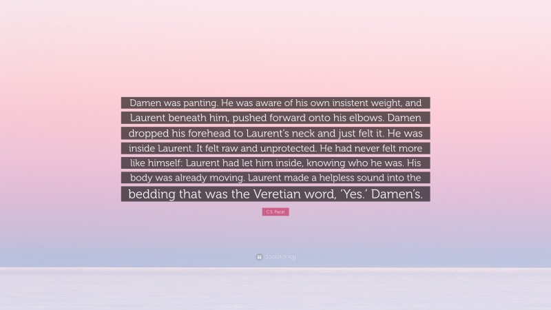 C.S. Pacat Quote: “Damen was panting. He was aware of his own insistent weight, and Laurent beneath him, pushed forward onto his elbows. Damen dropped his forehead to Laurent’s neck and just felt it. He was inside Laurent. It felt raw and unprotected. He had never felt more like himself: Laurent had let him inside, knowing who he was. His body was already moving. Laurent made a helpless sound into the bedding that was the Veretian word, ‘Yes.’ Damen’s.”