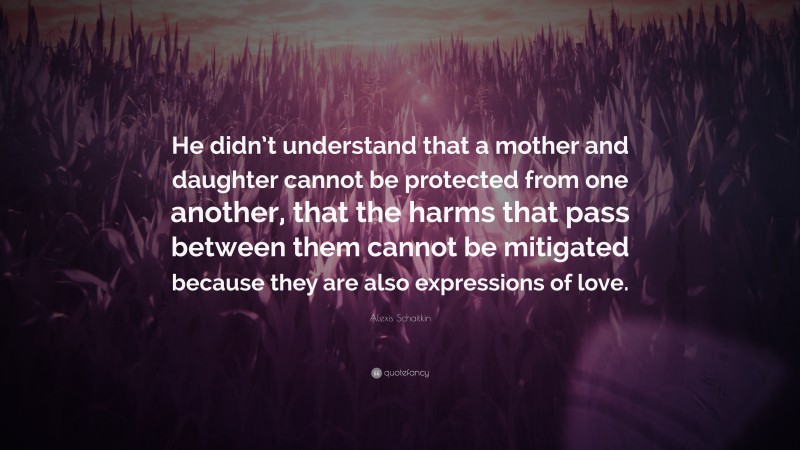 Alexis Schaitkin Quote: “He didn’t understand that a mother and daughter cannot be protected from one another, that the harms that pass between them cannot be mitigated because they are also expressions of love.”