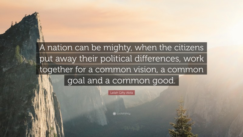 Lailah Gifty Akita Quote: “A nation can be mighty, when the citizens put away their political differences, work together for a common vision, a common goal and a common good.”