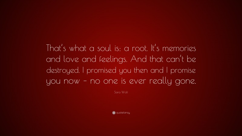 Sara Wolf Quote: “That’s what a soul is: a root. It’s memories and love and feelings. And that can’t be destroyed. I promised you then and I promise you now – no one is ever really gone.”