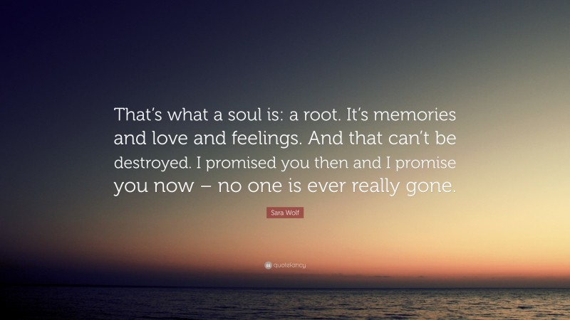 Sara Wolf Quote: “That’s what a soul is: a root. It’s memories and love and feelings. And that can’t be destroyed. I promised you then and I promise you now – no one is ever really gone.”