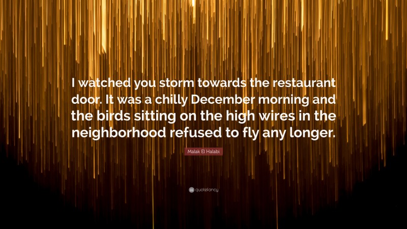 Malak El Halabi Quote: “I watched you storm towards the restaurant door. It was a chilly December morning and the birds sitting on the high wires in the neighborhood refused to fly any longer.”