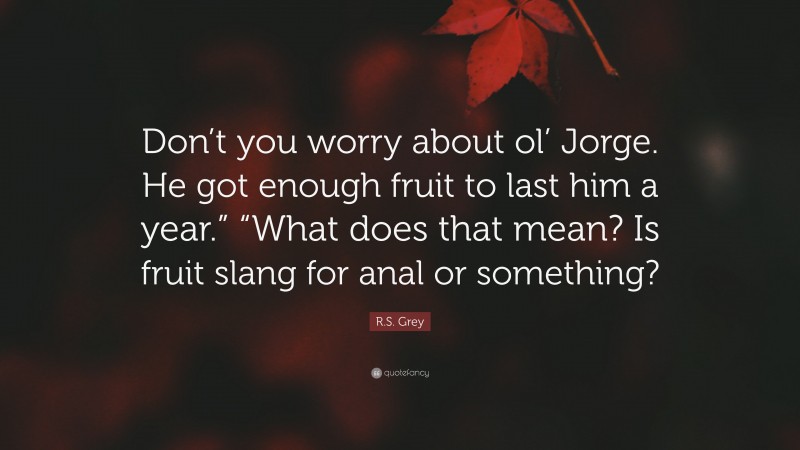 R.S. Grey Quote: “Don’t you worry about ol’ Jorge. He got enough fruit to last him a year.” “What does that mean? Is fruit slang for anal or something?”