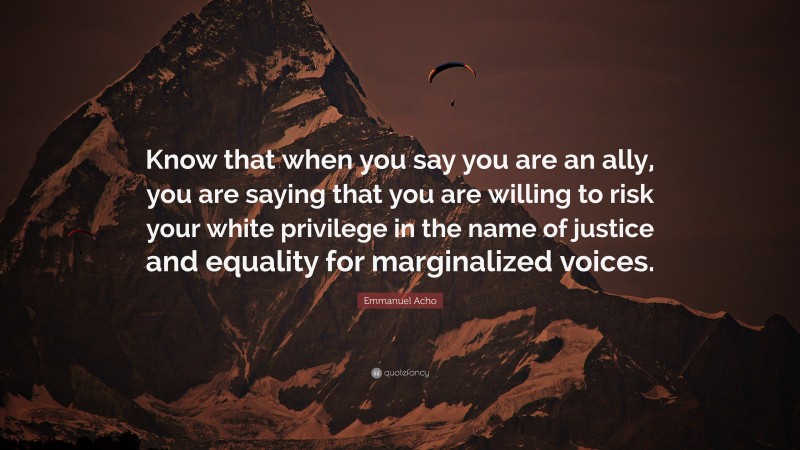 Emmanuel Acho Quote: “Know that when you say you are an ally, you are saying that you are willing to risk your white privilege in the name of justice and equality for marginalized voices.”
