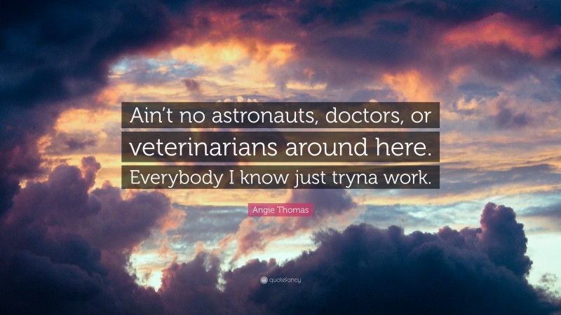 Angie Thomas Quote: “Ain’t no astronauts, doctors, or veterinarians around here. Everybody I know just tryna work.”