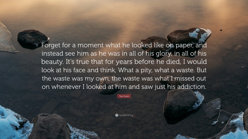 Yaa Gyasi Quote: “Forget for a moment what he looked like on paper, and instead see him as he was in all of his glory, in all of his beauty. It’s true that for years before he died, I would look at his face and think, What a pity, what a waste. But the waste was my own, the waste was what I missed out on whenever I looked at him and saw just his addiction.”