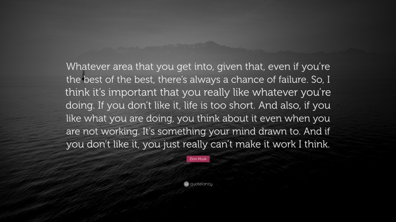 Elon Musk Quote: “Whatever area that you get into, given that, even if you’re the best of the best, there’s always a chance of failure. So, I think it’s important that you really like whatever you’re doing. If you don’t like it, life is too short. And also, if you like what you are doing, you think about it even when you are not working. It’s something your mind drawn to. And if you don’t like it, you just really can’t make it work I think.”