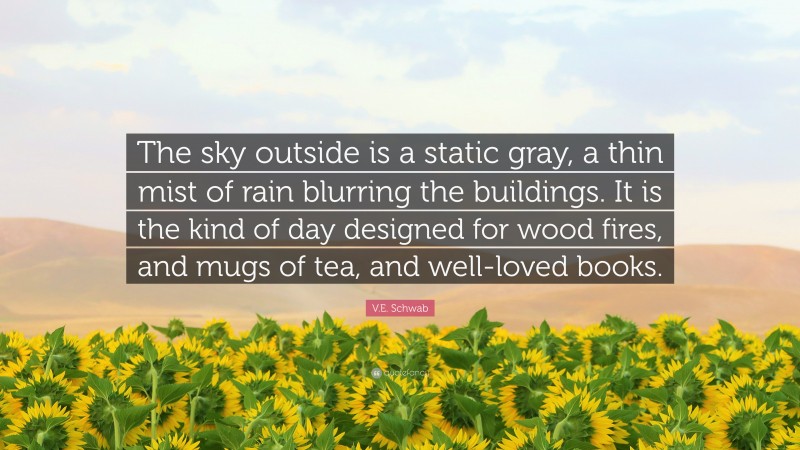 V.E. Schwab Quote: “The sky outside is a static gray, a thin mist of rain blurring the buildings. It is the kind of day designed for wood fires, and mugs of tea, and well-loved books.”