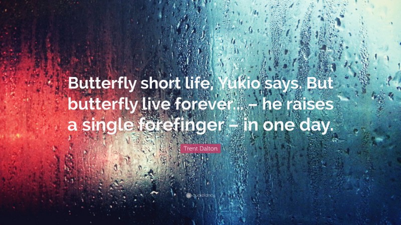 Trent Dalton Quote: “Butterfly short life, Yukio says. But butterfly live forever... – he raises a single forefinger – in one day.”